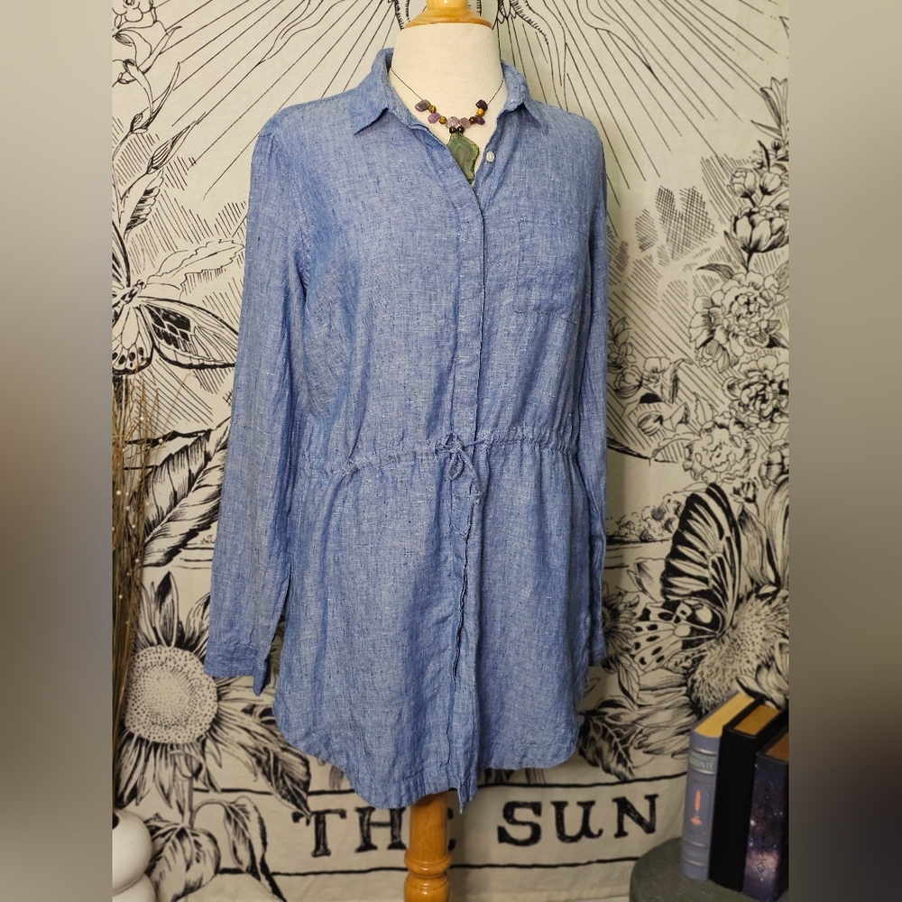 Like New L.L.Bean 100% Linen Blue Denim Long-Sleeve Button-Up Drawstring Tunic